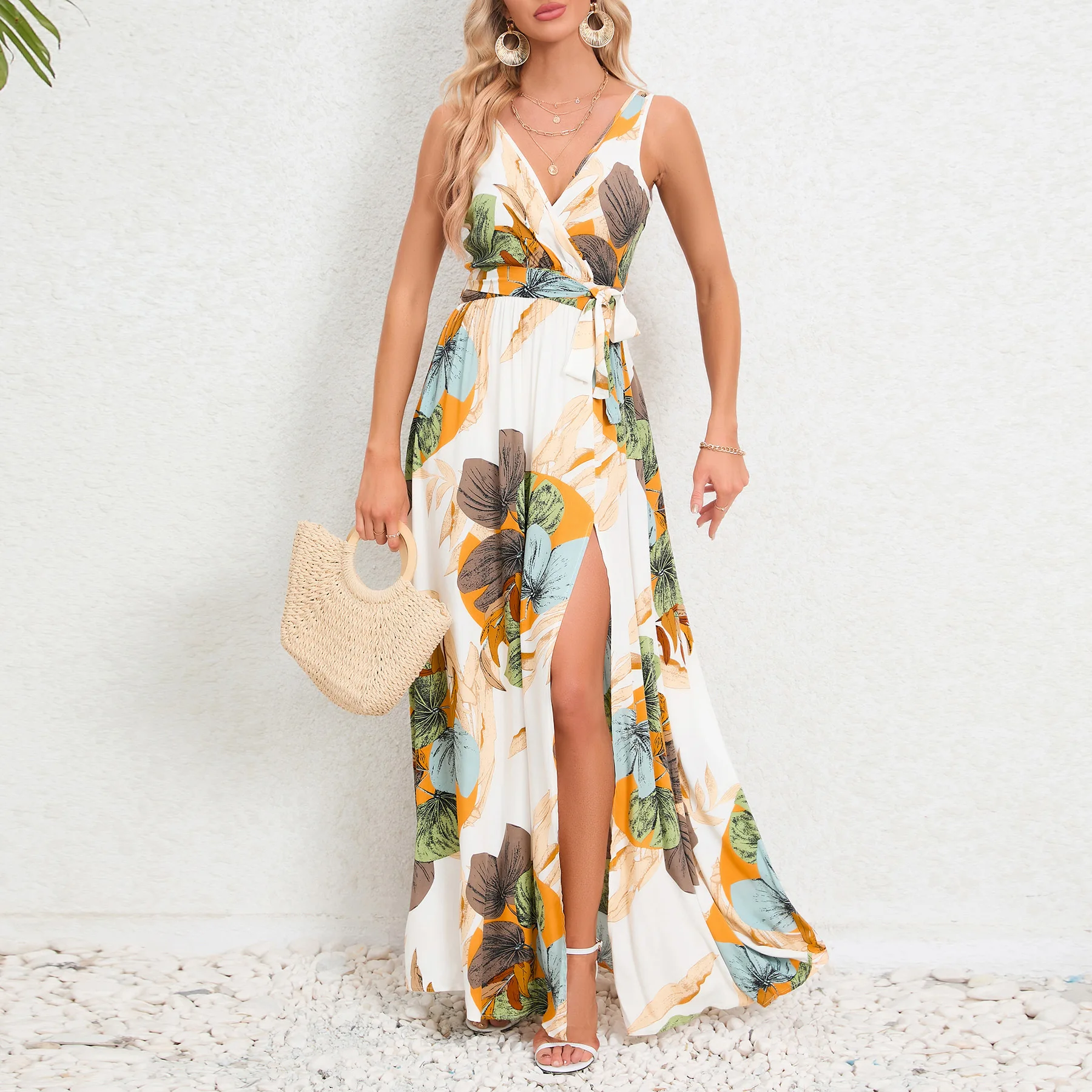 

Flower Print New Casual Sleeveless Long Dress Women's V-Neck Printed Dress Swing Bohemian Retro Dresses