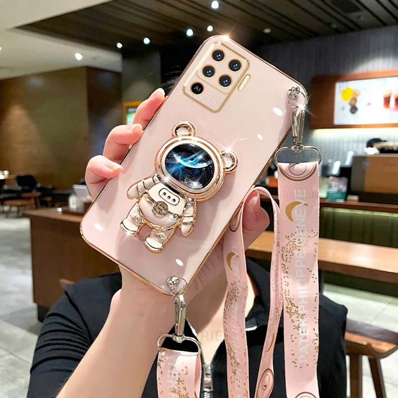 Reno5lite Crossbody Lanyard Plating Silicone Stand Case