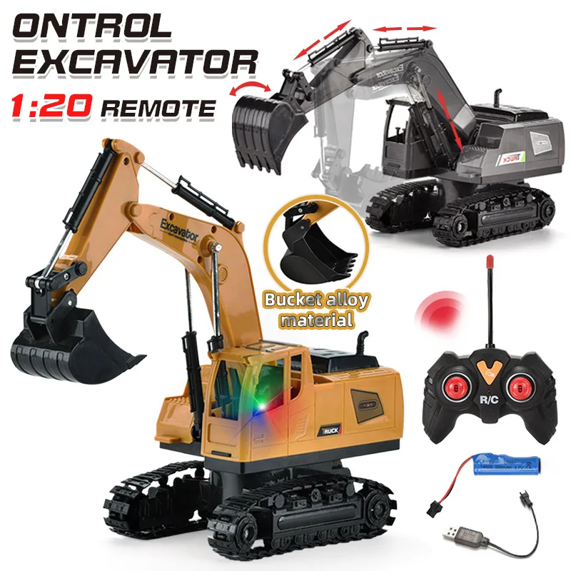 5 Channels 1:20 RC Trucks Remote Control Excavator Alloy Bucket Electric Light Music Crawler Construction Vehicle Toy Boy 3