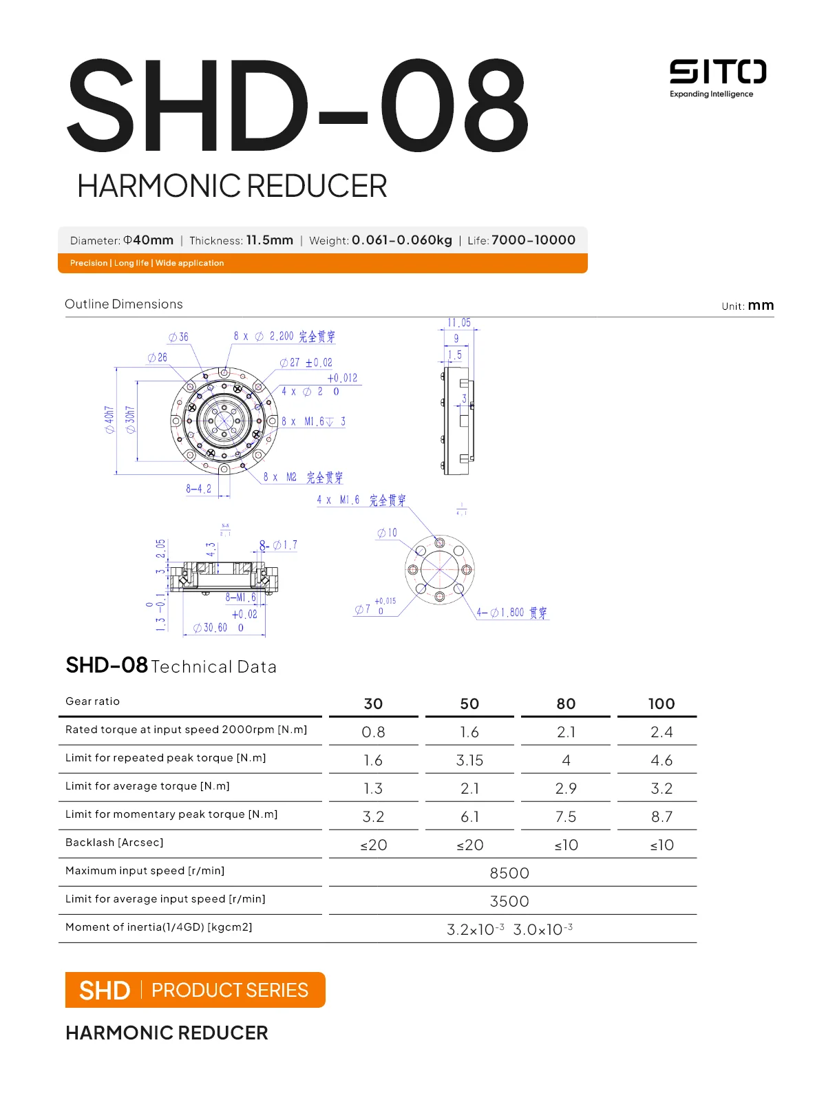 Sito SHD08 Mini Hollow Nema 11 BLDC Motor Speed Reducer 42mm Small Gearbox 100:1 Strain Wave Gear Harmonic Drive for Robot Arm