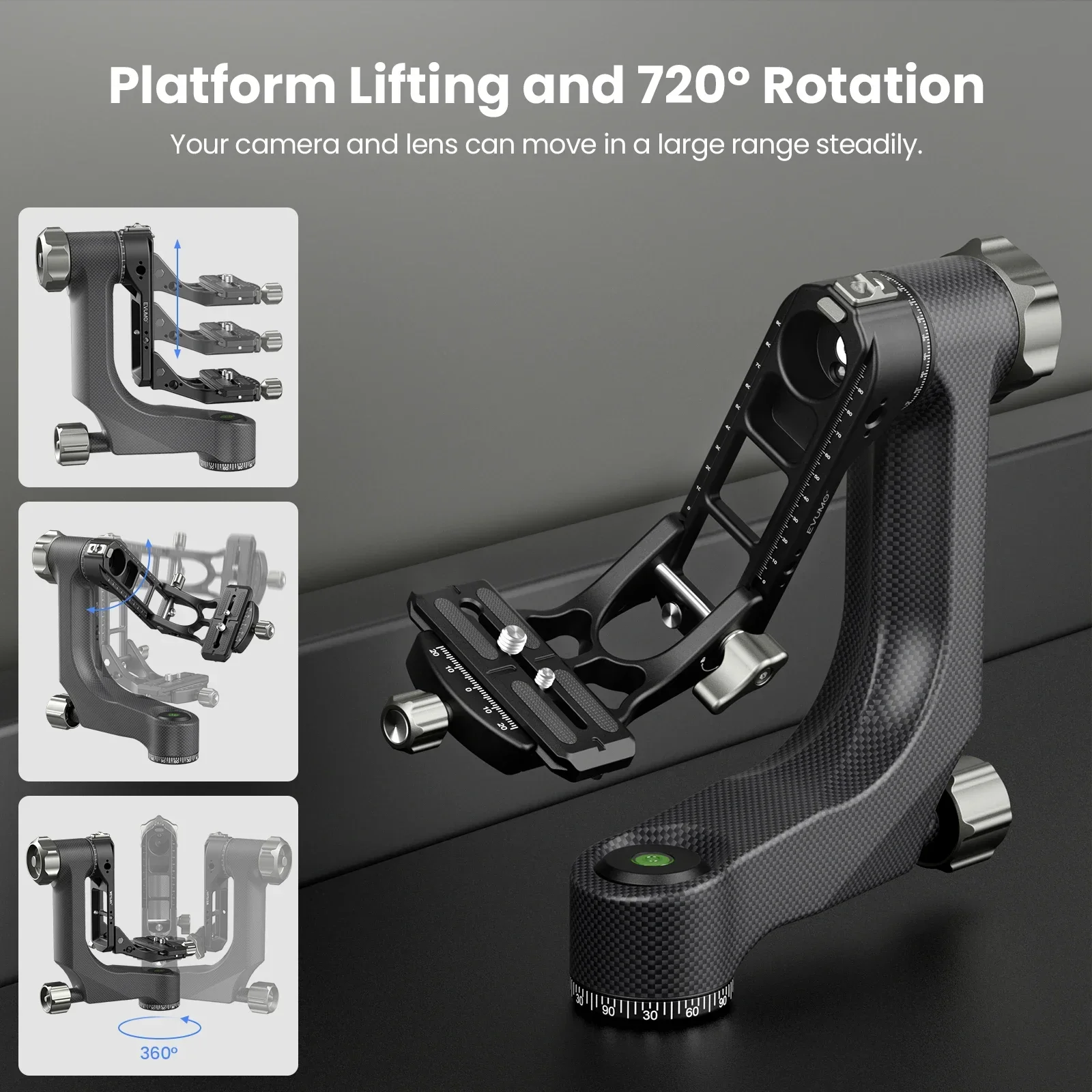 EUVMO P8 Professional Gimbal Head Carbon Fiber Heavy Duty 360&deg; Panoramic Head with 1/4" Quick Release Plate for DSLR Cameras New