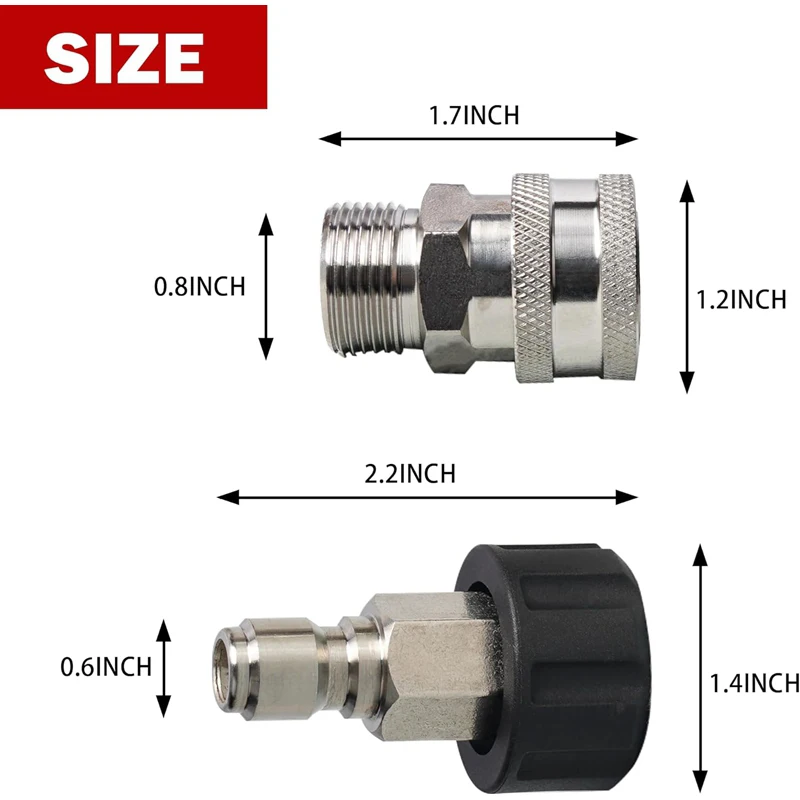 Pressure Washer Adapter Set M22 Metric Male Thread Fittings M22 14mm to 3/8 Quick Connect Stainless Steel Quick Disconnect Kit 3