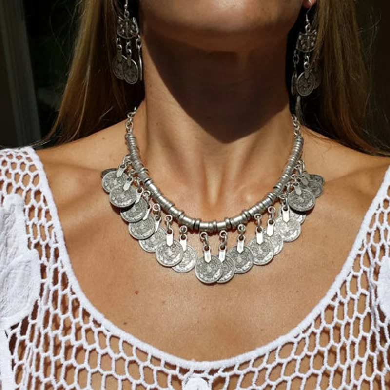 Bohemian Statement Coin Necklace & Earrings Set – Punk Ethnic Style Jewelry For Women - View #6