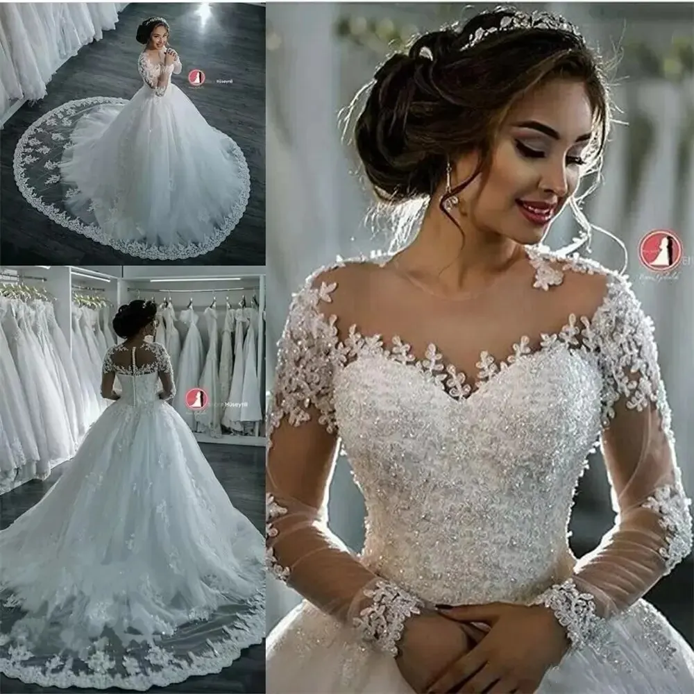 

New Dubai Elegant Long Sleeves A-line Wedding Dresses Sheer Crew Neck Lace Appliques Beaded Vestios De Novia Bridal Gowns