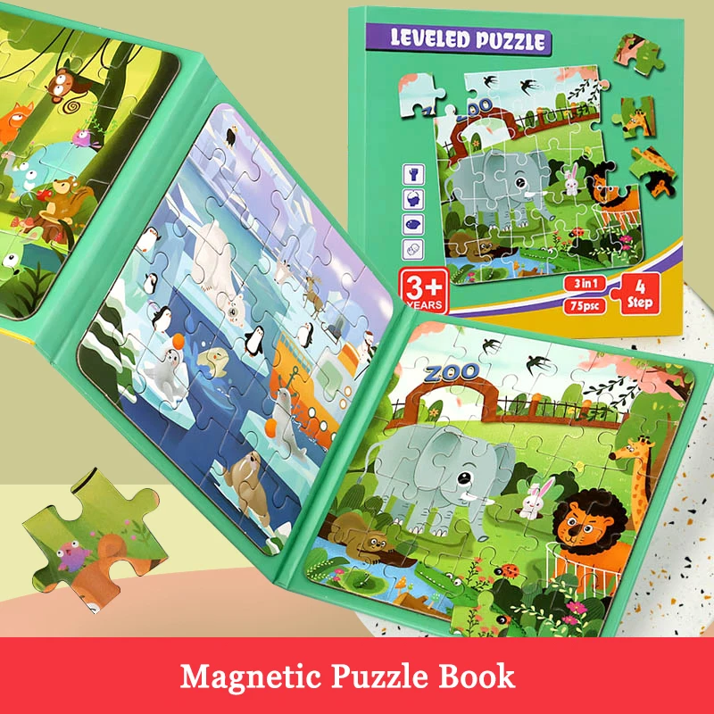 Magnetic Puzzles Games for Kids Busy Quiet Cartoon Animals Jigsaw Book Montessori Baby Educational Toys Children's Early Gifts