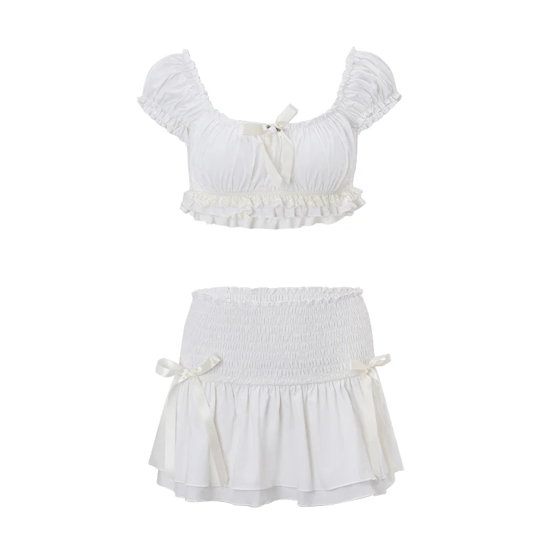 Xeemilo Fashion Two Piece Set White Short Fluffy Top and Low Waist Slim Fit Mini Skirt 2024 Summer New Street Women's Set