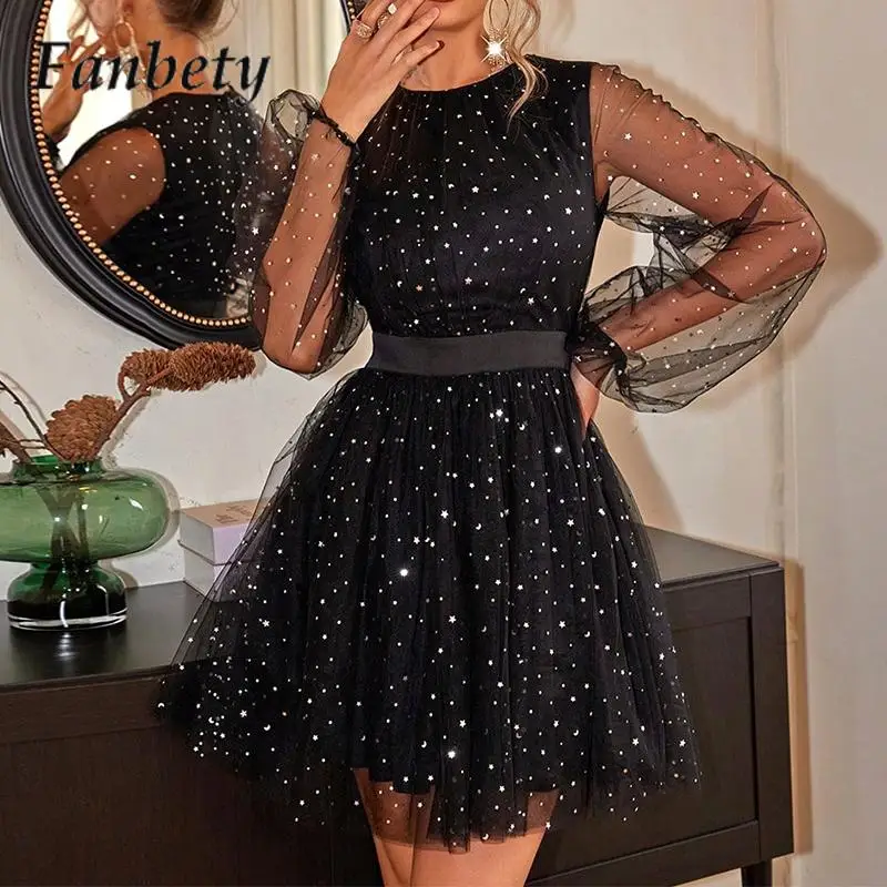 

Fashion Star Print Shining Party Mini Dress Elegant Lantern Sleeve Mesh Splicing Club Dress Ladies O-Neck Solid Versatile Dress
