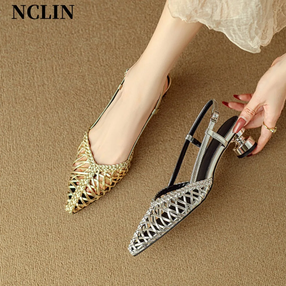 Brand Designer Sexy Slingbacks High Heels Pumps Women Gold Silver Pointed Toe Party Shoes Summer Round Heeled Sandals High Heels