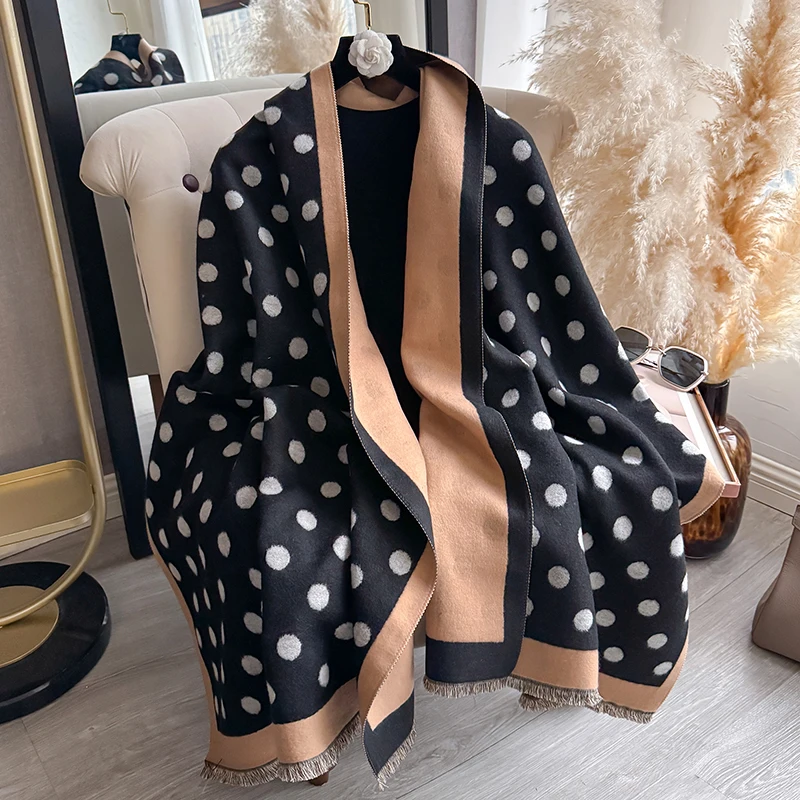 Women's Luxury Faux Cashmere Scarf Dot Pattern Warm Thick Pashmina Blanket Poncho Fashion Print for Autumn Winter