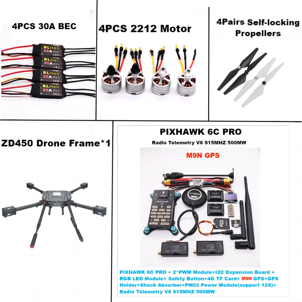 픽스호크 6C PRO 비행 제어 장치 M8N M9N 카본 파이버 450 프레임 FPV 아르두파일럿 무선 텔레메트리 쿼드콥터 BLHELI 20AESC 2212 모터