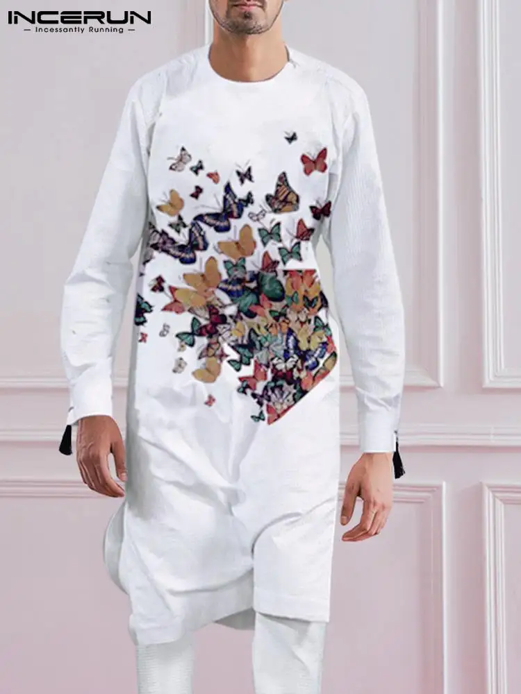 YUNY Men Muslim Abaya Pullover Long-Sleeve Pocket Trim Tees Top Black 3XL