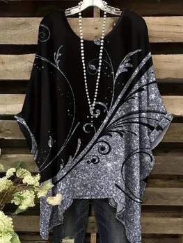 Women's T-Shirts Summer Gradient Sequin Graphics Tops O-Neck Female Vintage Clothing Floral Print Tees Loose Oversized T Shirts 1