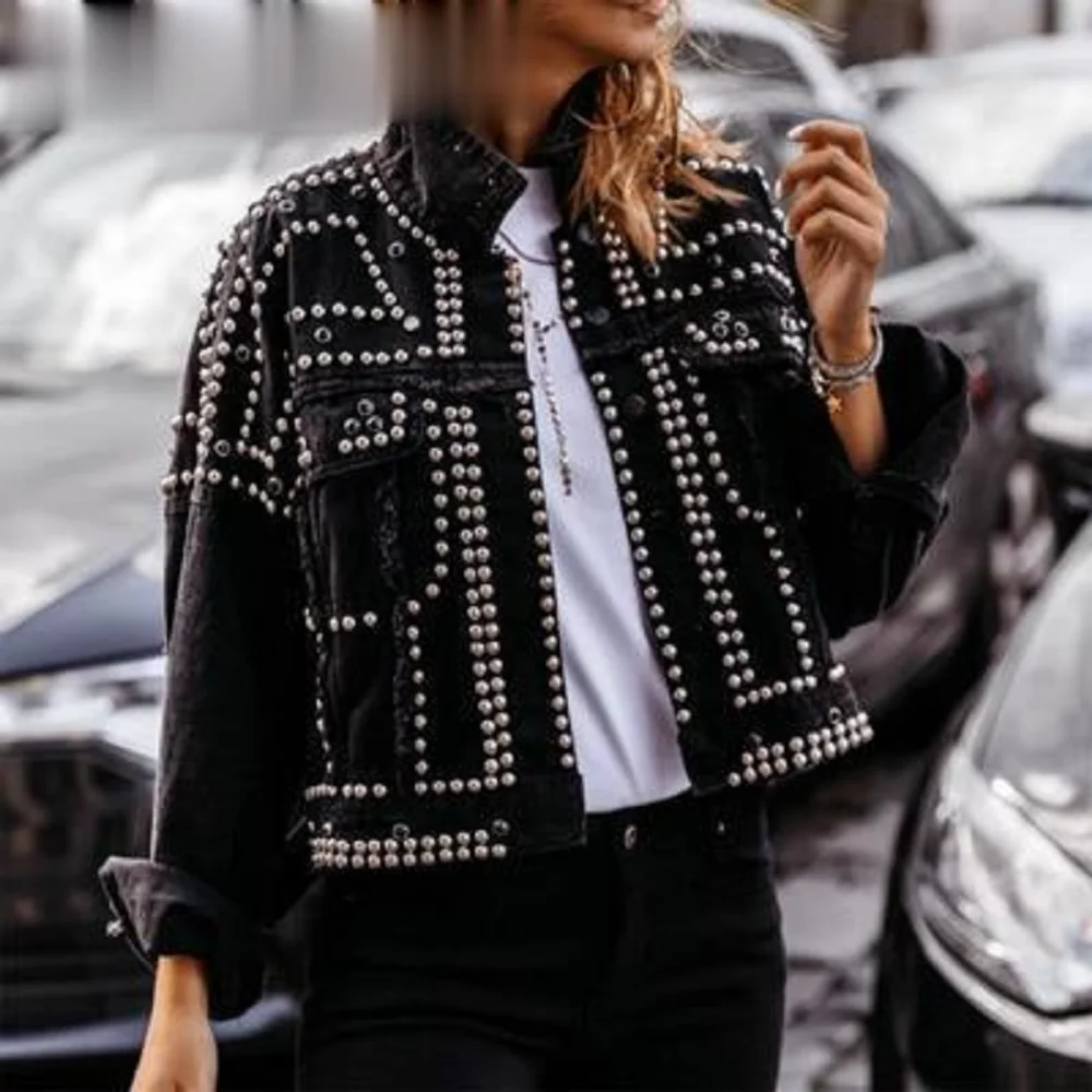 

Women Outwear Studded Denim Jacket 2024 Spring Autumn Lapel Loose Single Breasted Buckle Casual Short Jeans Coats