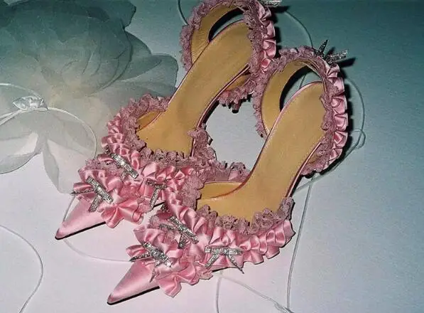 Sweet Girls Pink Black White Silk Bling Crystal Rhinestone Butterfly Knot Floral 10 CM Thin Heels Slingback Summer Sandals