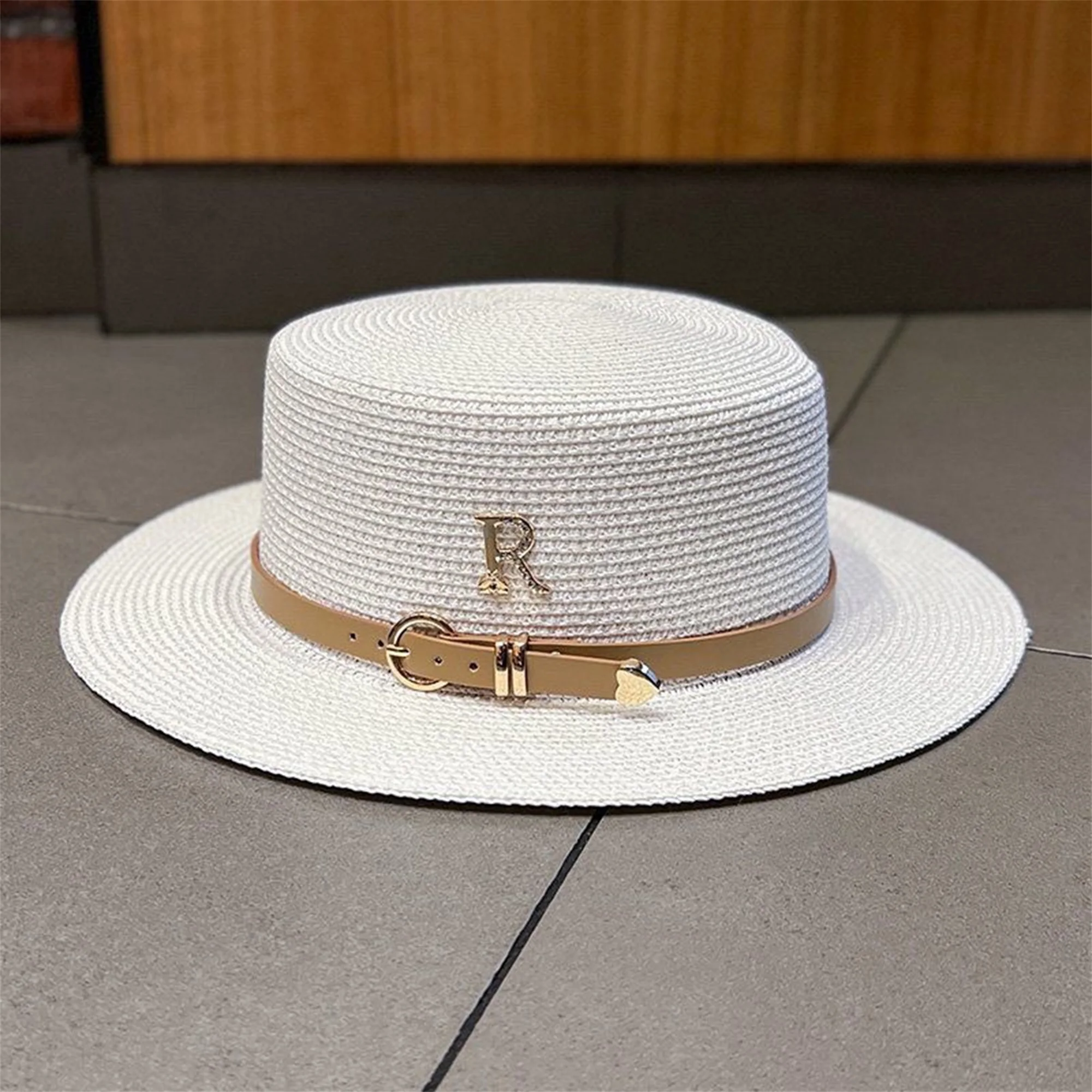Stylish Women s Wide Brim Straw Boater Hat with Rhinestone Detailing and Letter Embellishment for Summer Beach Wear
