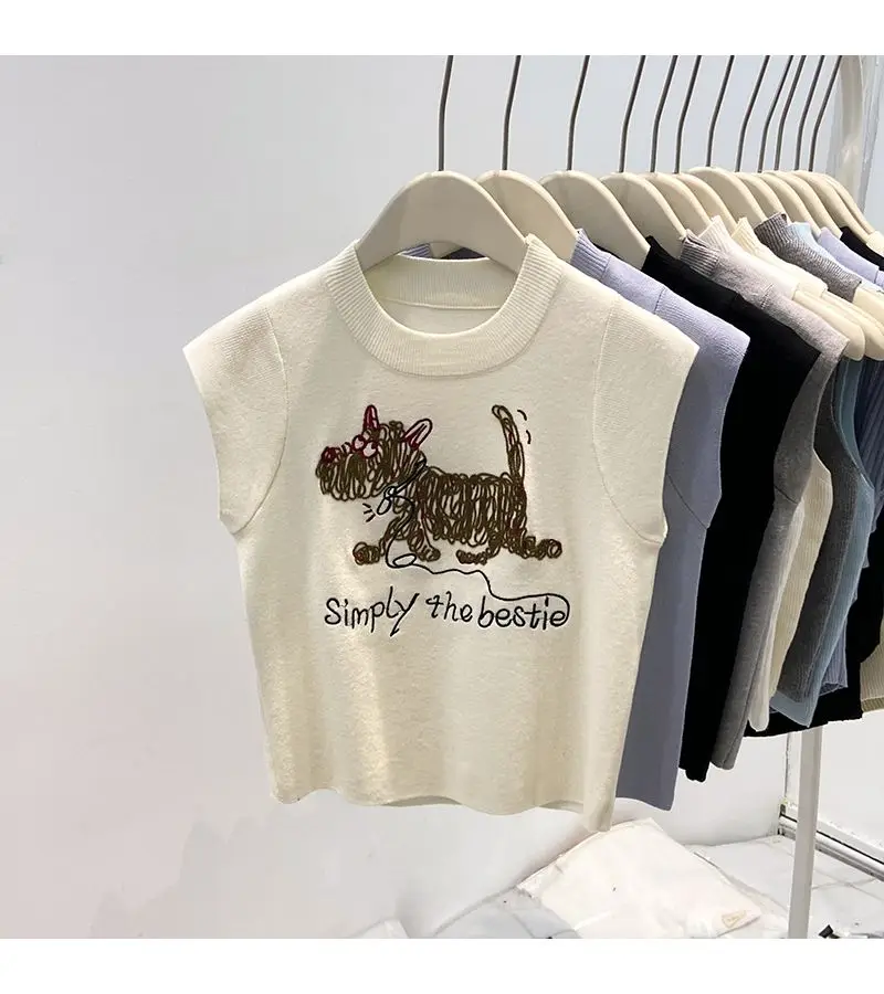 Description Picture 6 of itemCartoon Embroidered Knitted Vest for Women in Summer New Design Slim Fit and Slim Pullover Sleeveless Short Top