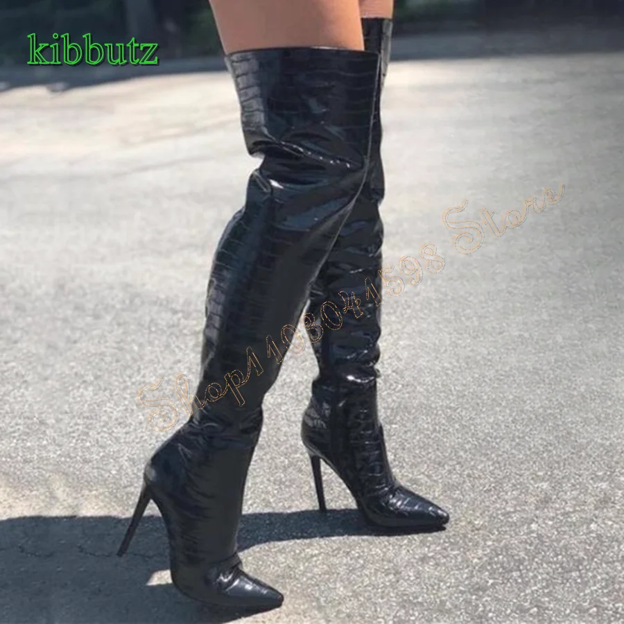 

Croc Effect Leather Over The Knee Boots,Women's Pointed Toe Stiletto Boots Fashion High Heel Boots 2023 New Zapatos Para Mujere