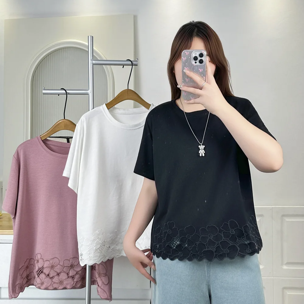 2025 Summer Top New Fashion Hem Lace Flower Patchwork Short Sleeve Tees 100KG Plus Size Women T-shirt 727