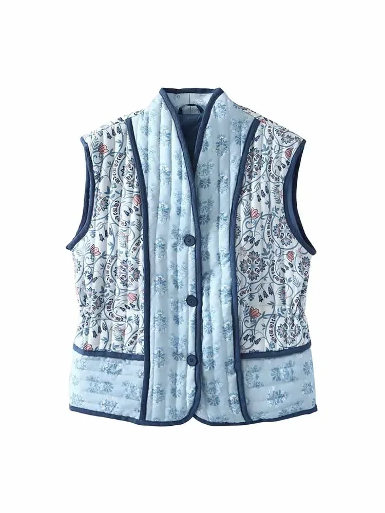 

Women's 2024 New Fashion Print Decoration Loose Casual Cotton Vest Coat Retro Sleeveless Button up Women's Waistcoat Chic Tops