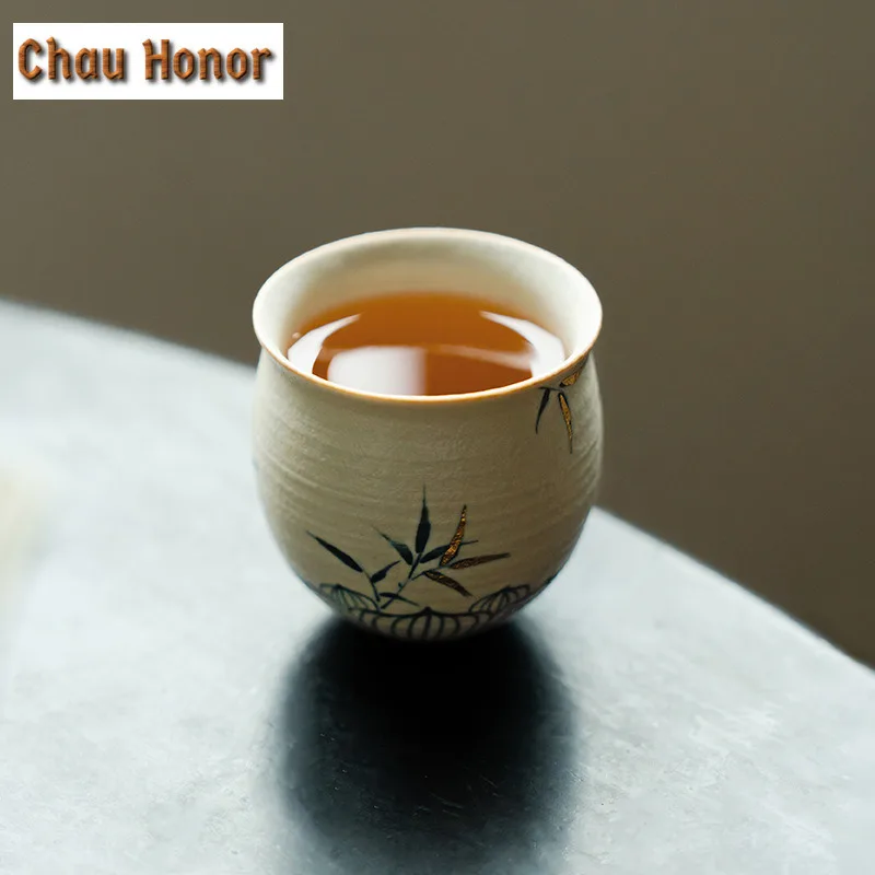90ml Blue And White Flint Red Teacup Handmade Gold Drawing Bamboo Tea Bowl Zen Single Cups Smelling Cup Jianzhan Teaset Craft