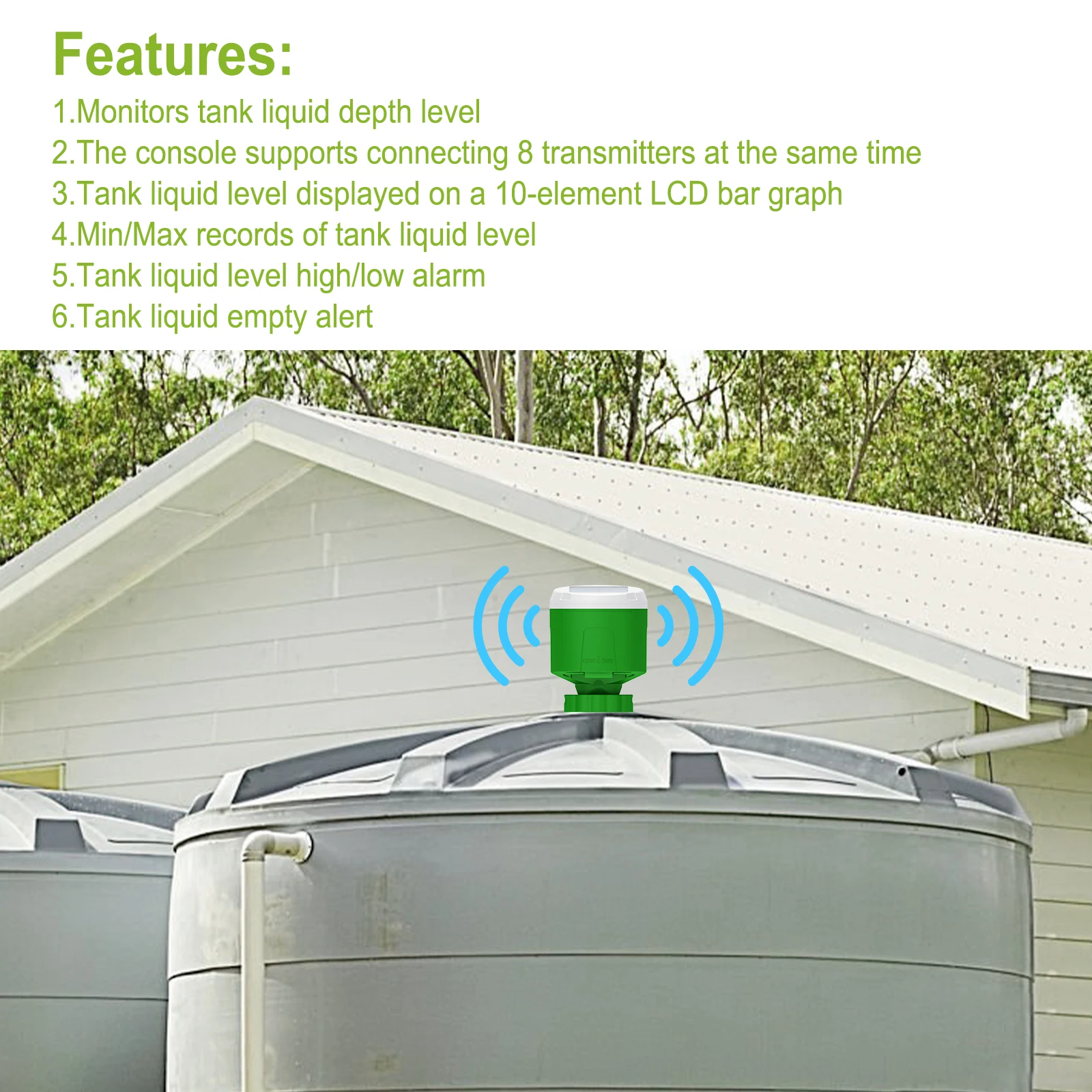 Solar Ultrasonic Water Level Sensor - Wireless Tank Level Meter with LCD Display