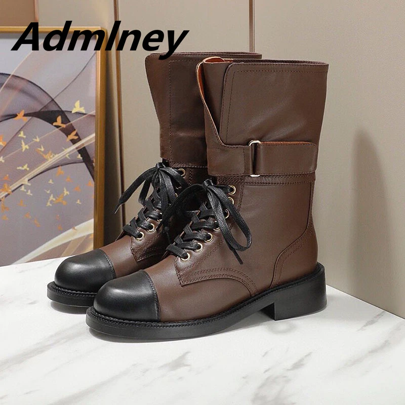 Botas estilo británico para Mujer, bota media caña de cuero Real con punta redonda, de caballero marrón con cordones y correa de novedad de 2022| | - AliExpress