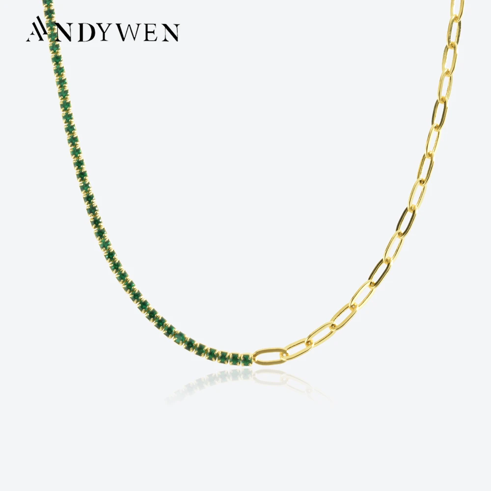 

ANDYWEN 925 Sterling Silver Thick Green 2mm Tennis Paperclip Chain Choker Necklace Women 2022 Winter Crystal Wedding Gift