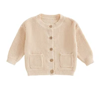 Toddler Baby Knit Cardigan Solid Long Sleeve Crew Neck Button-up Sweater with Pockets Casual Boys Girls Fall Clothes