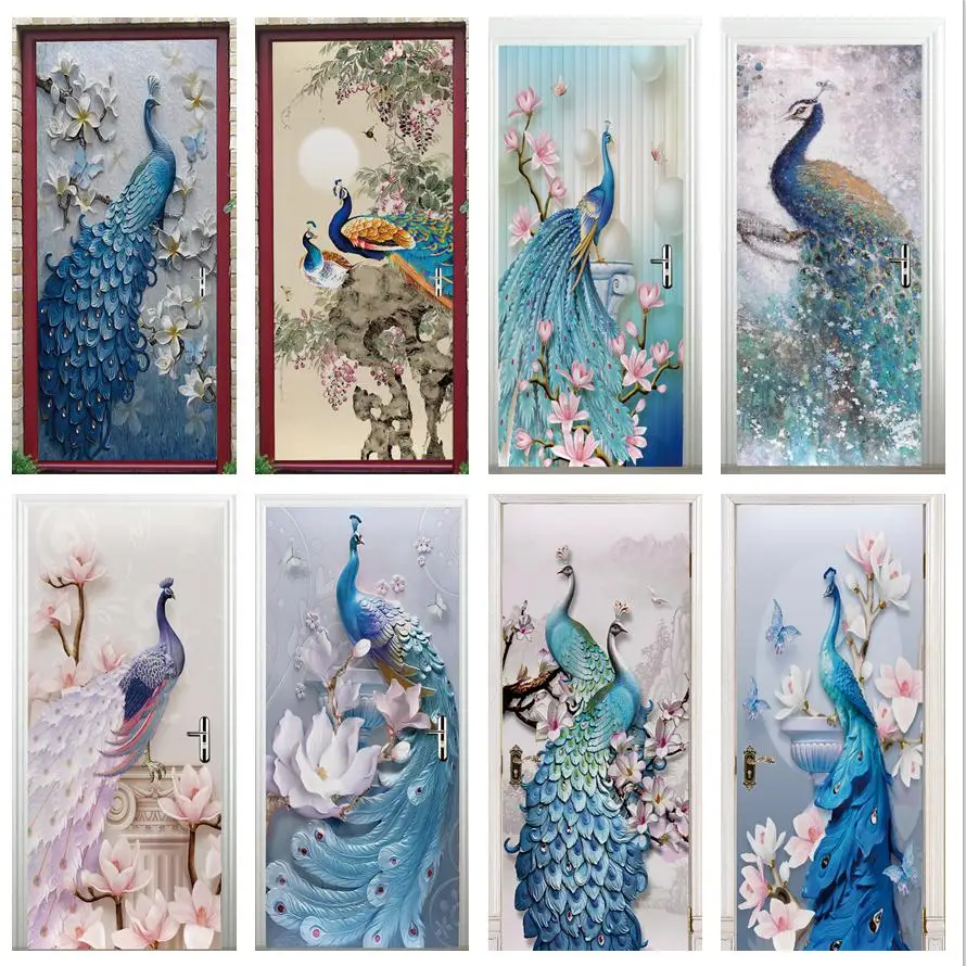 

3D Peacock Door Stickers Home Decor Removable Wallpapers DIY Self-adhesive Waterproof Mural Decals Living Room Bedroom Posters