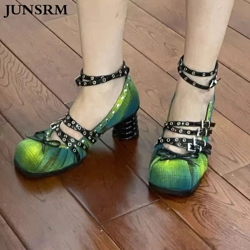 

Street Style Niche Single Shoes Female 2023 Fall New Daily Round Head Shallow Thick Heel Rivet Belt Buckle Design Women Shoes