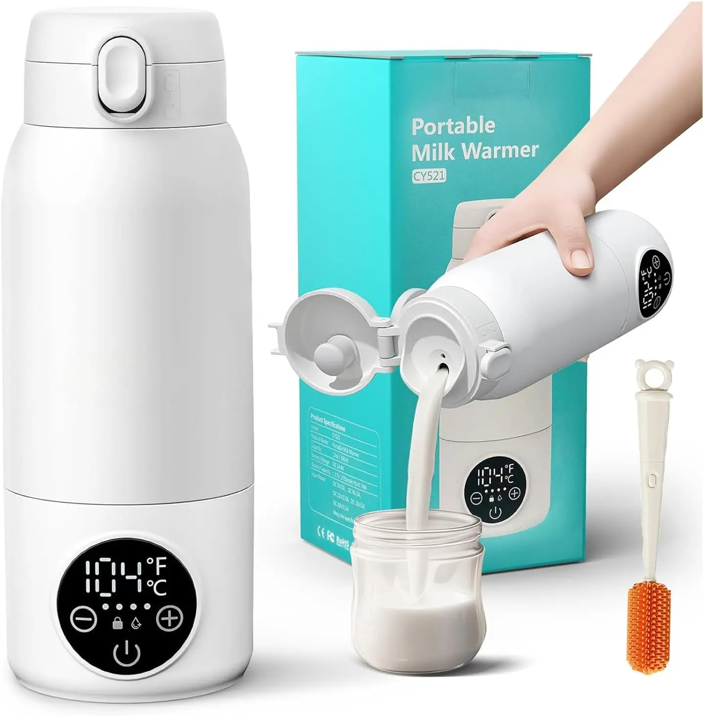 Portable Milk Warmer for Travel, 500ML Cordless Bottle Warmer with 2 Min Rapid Heating; USB-C Rechargeable; Precise Temp Control