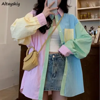 여성용 스트라이프 셔츠, 패치워크 디자인, 달콤한 소녀, 캐쥬얼, 한국 스타일, 올매치, 데일리 패션, 봄
