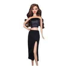 

1/6 BJD Charming Black Leather Clothes Set for Barbie Doll Dress Gown Tops Skirt for Barbie Outfits 11.5" Dolls Accessories Toys