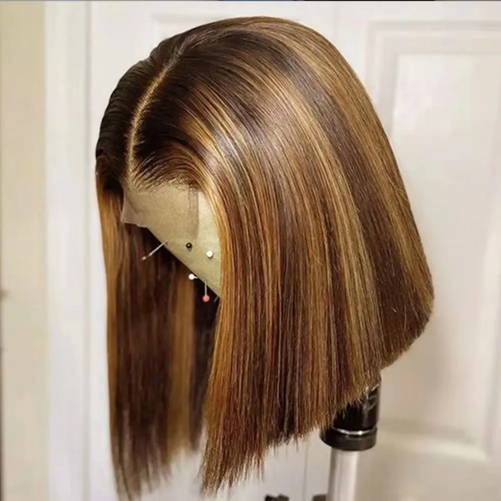 Perruques Courtes Bob Droites Ombrées avec Fermeture en Dentelle 4×4, 100% Cheveux Humains Vietnamiens, Densité 200 # Perruque Lace Front 13×4 couleur 4/27