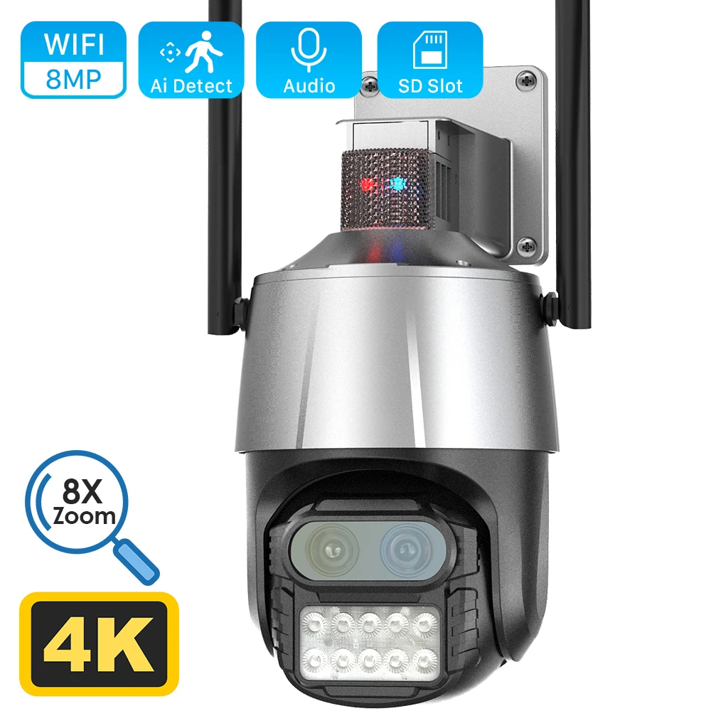 Cámara IP 4K de 8MP para exteriores, lente Dual PTZ, seguimiento  automático, impermeable, videovigilancia de seguridad, alarma de luz  policial