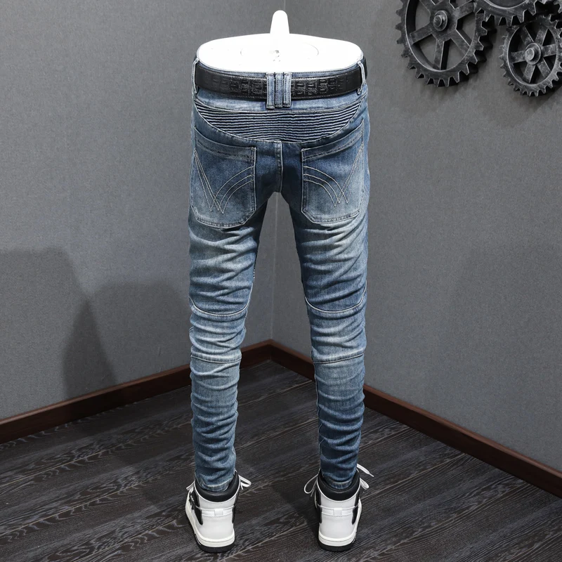 High Street Fashion Men Jeans Retro Blue Elastic Skinny Fit Spliced Biker Jeans Men Bottom Zipper Designer Patched Hip Hop Pants