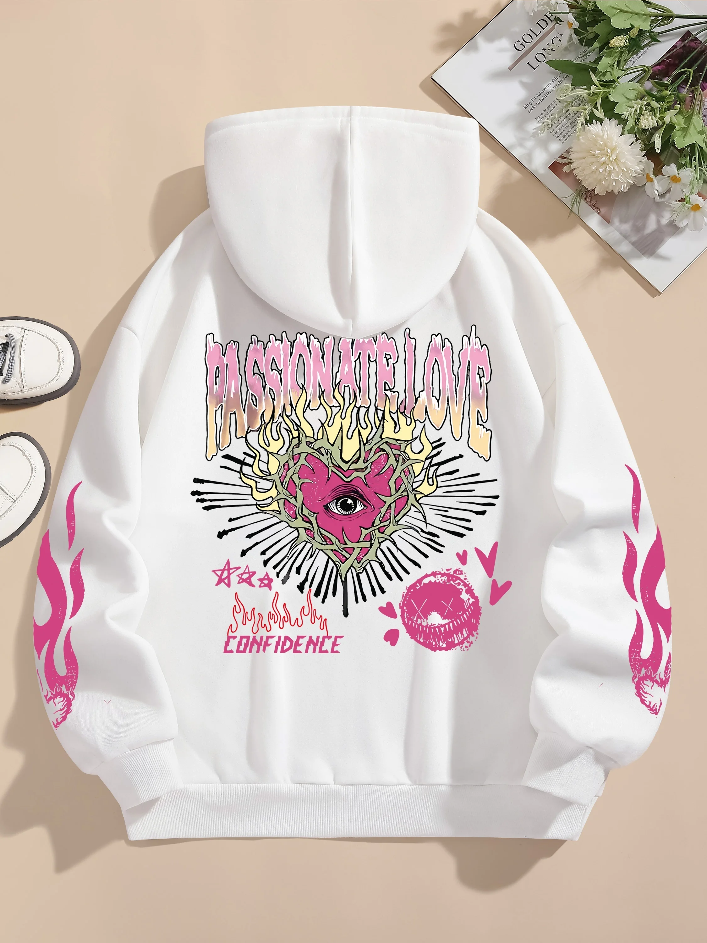 Sudaderas con capucha estampadas con corazón de Llama de Amor para mujer, Jersey suelto de cuello redondo, Tops cálidos de lana para mujer, ropa de calle