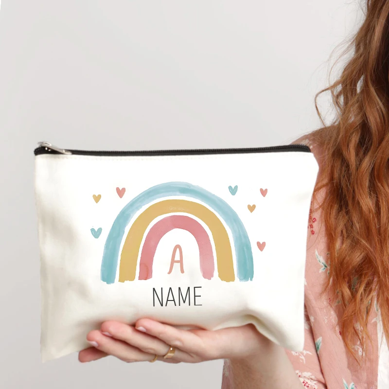 Love Rainbow Letter Cosmetic Bag Customize Name Canvas Zipper Pouch Lipstick Perfume Makeup Bags Pencil Case Teacher Bride Gift 4