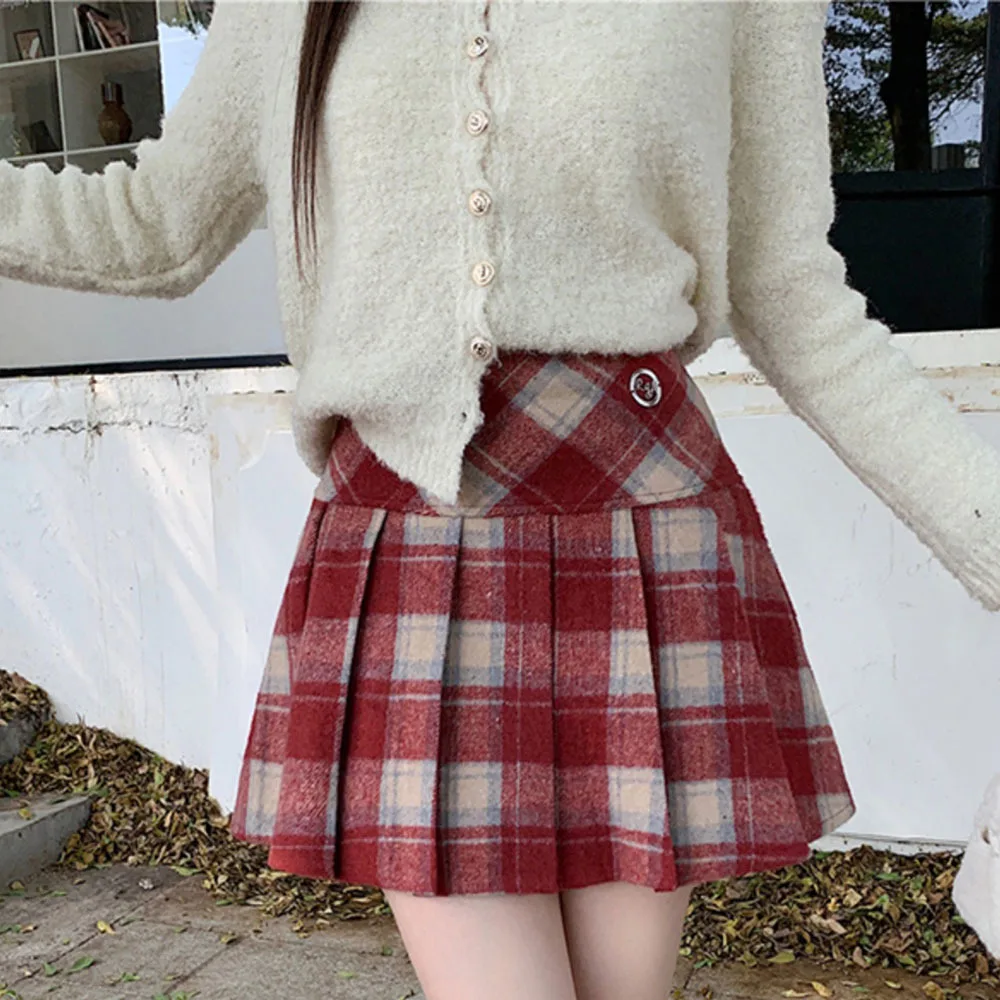 

Faux Woolen Pleated Skirt Women Winter Korea 2023 Preppy Style Cute Sexy Plaid Mini Skirt Vintage School Female Faldas Mujer