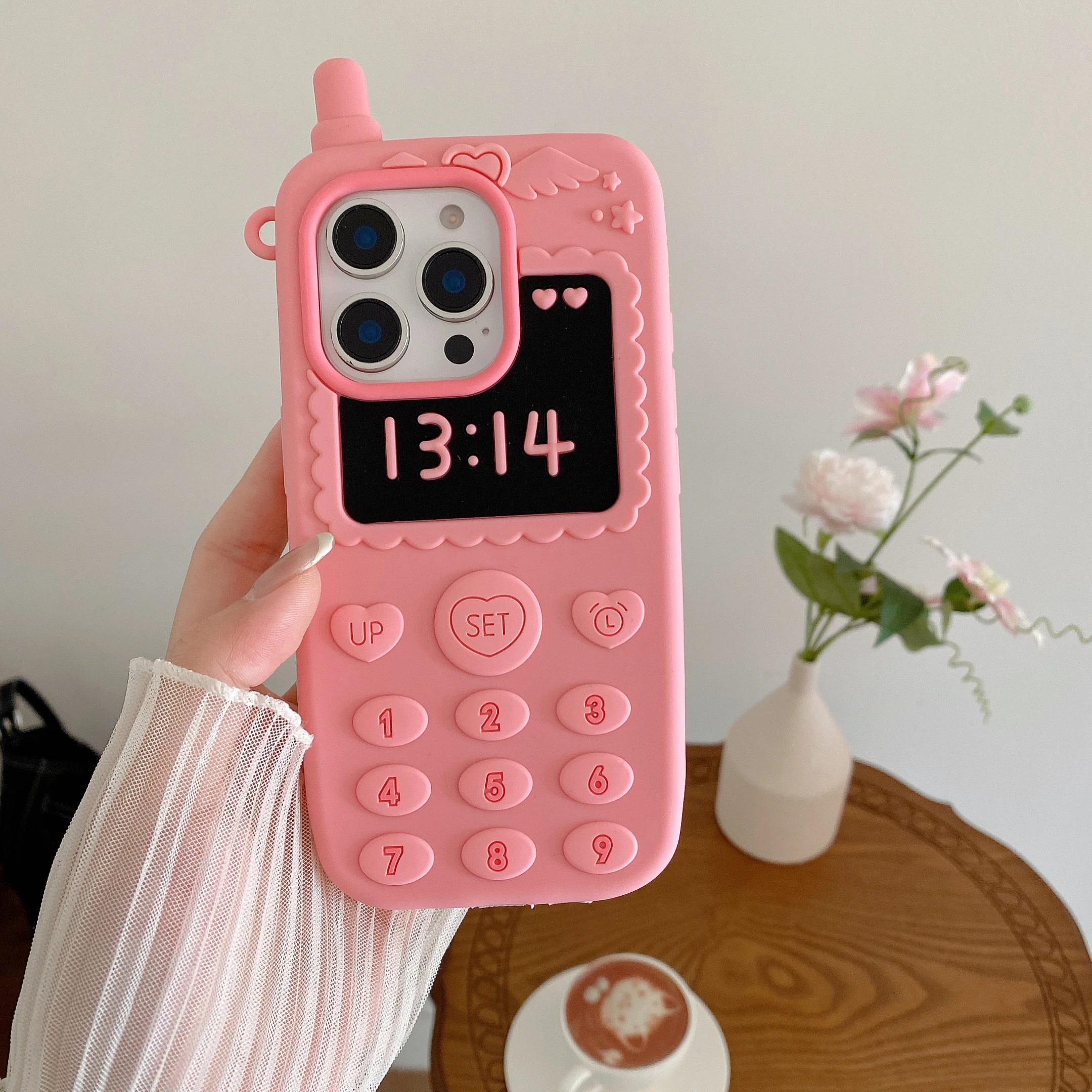 3D Pink Telephone Antenna Silicone Phone Case with Love Heart Shockproof Cover