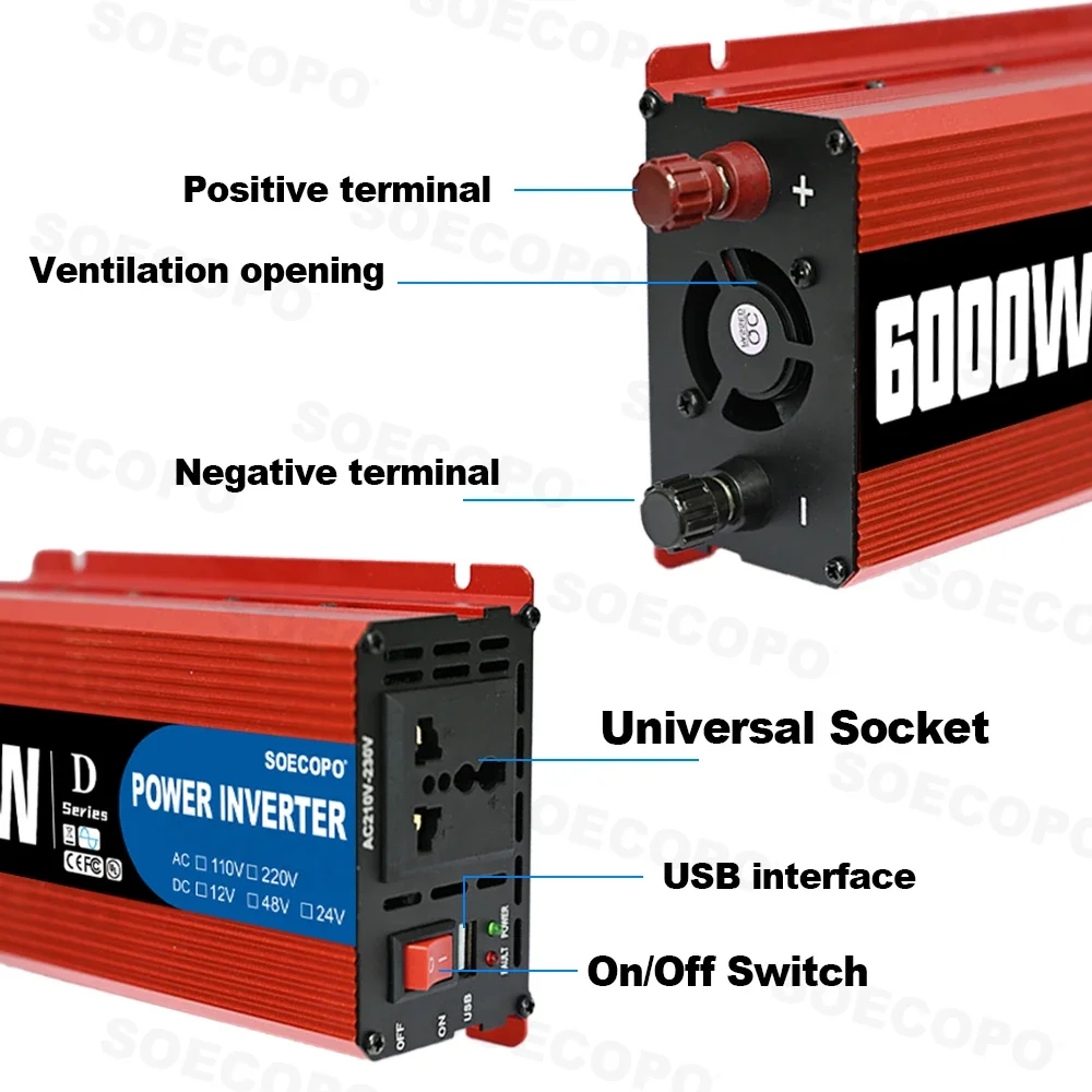 6000W Portable Smart Inverter 12V/24V/48V to 110V/220V AC with USB Port & Alligator Clamps for RVs Trucks Worldwide CE Certified