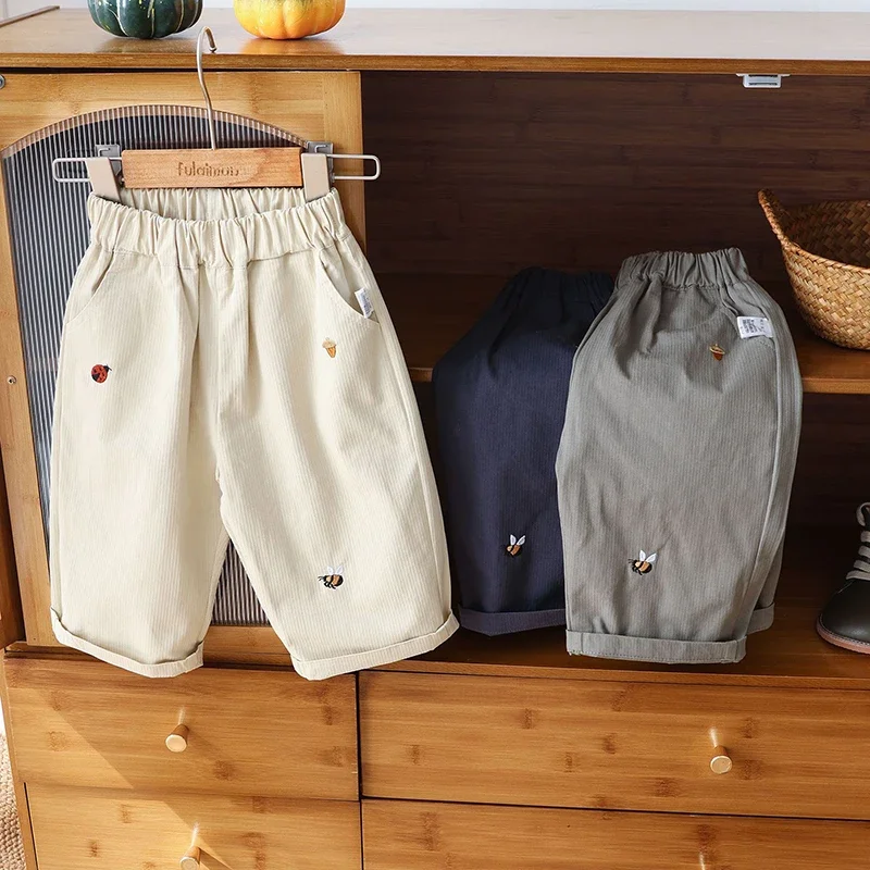 Baby Children's Casual Pants 1-5Y Spring 2025 New Boys' Solid Color Trousers Girls Cartoon Embroidery Outdoor Pants 3