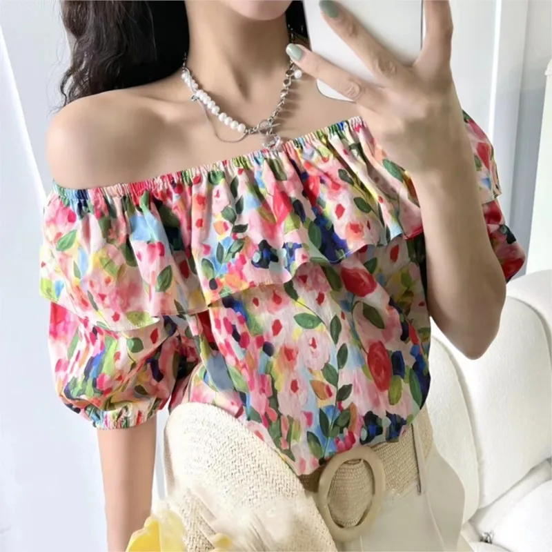 

Korean Summer Breathable Cotton Linen Print Tops Slash Neck Bubble Middle Sleeve T-shirt Women Ruffle Tees Loose Plus Size Shirt