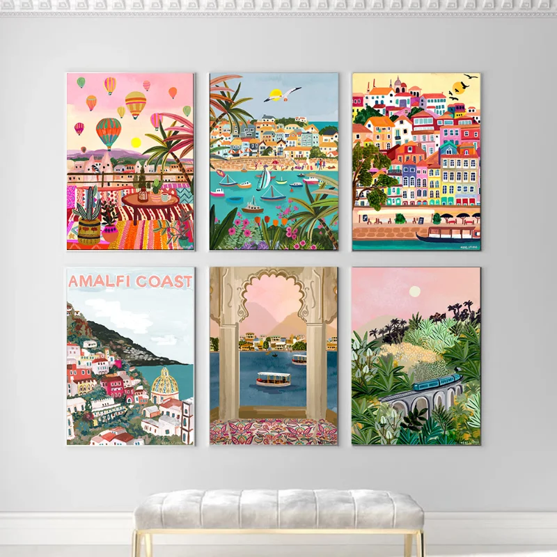 

Печать на холсте в марокканском стиле, Постер туристического города, Испания, берег Амальфи, пейзаж, настенная живопись, настенные картины для декора гостиной