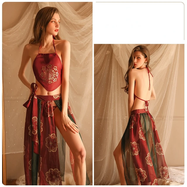 SP CITY Chinese Style Red Embroidery Sexy Women s Nightgowns Temptation Apron Design Transparent Sleepwear Mesh