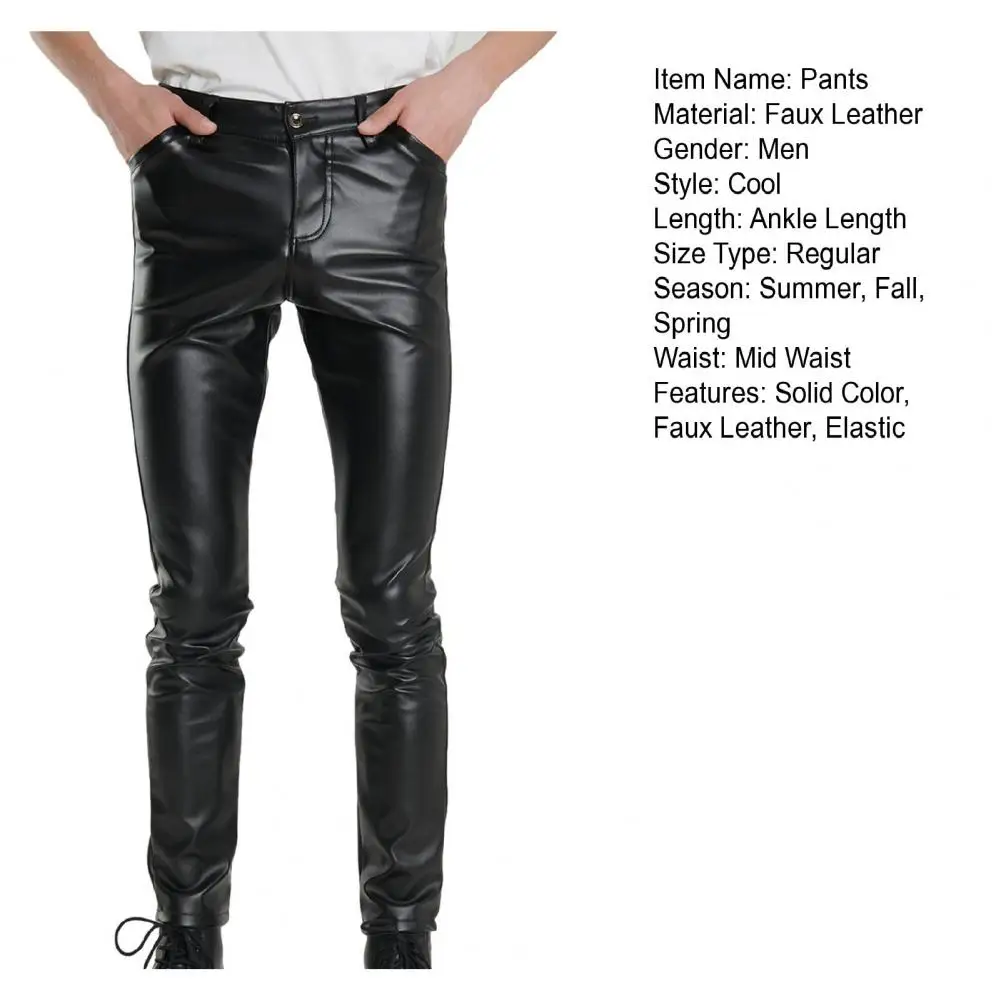 Description Picture 4 of itemButton Zip Closure Pants Men's Slim Fit Faux Leather Pants with Pockets Soft Breathable Mid Waist Trousers for Motocycle