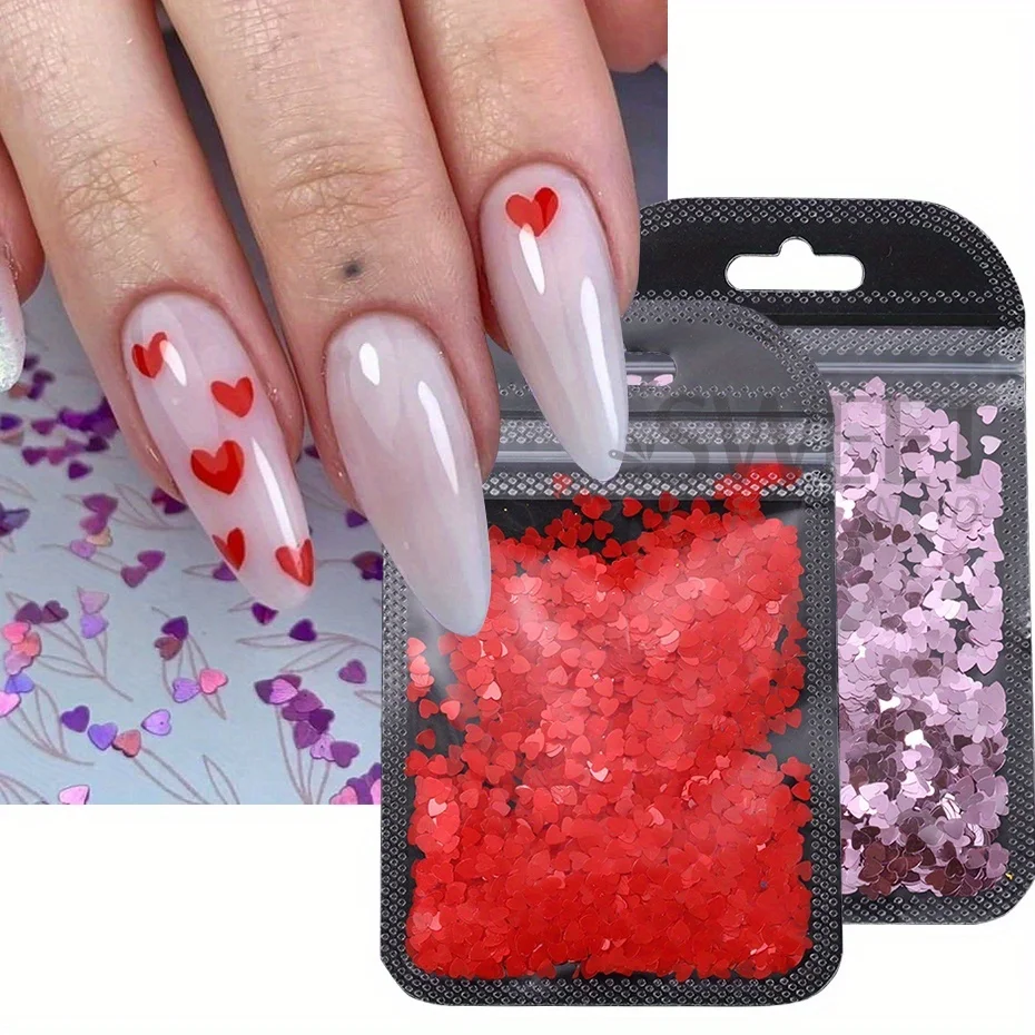 1 Bag Black Red Love Heart Nail Glitter Sequins Holographic Mirror Slices Spangles Valentine's Decor Manicure Flakes Paillettes