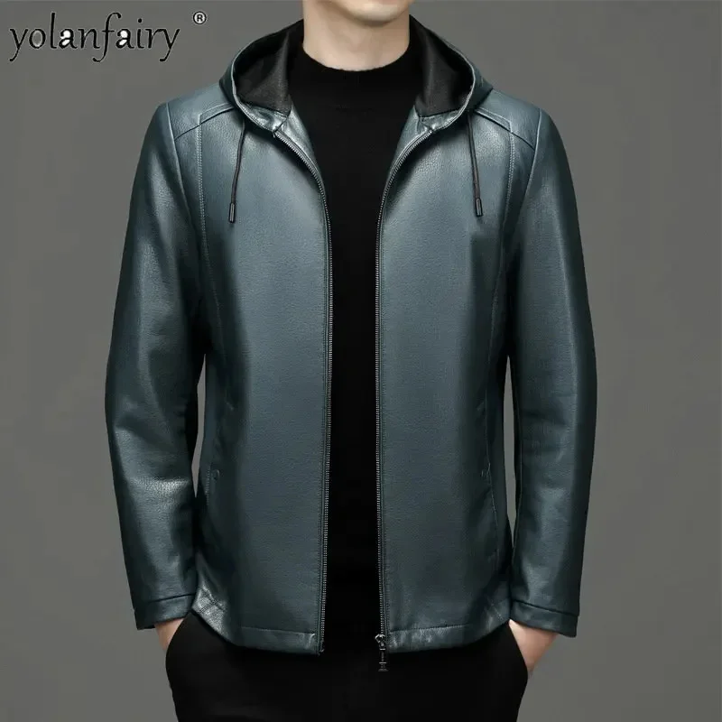 

Men's Leather Jacket Men Clothing 2024 Spring Autumn New Mens Male Hooded Sheepskin Coat Chaqueta De Cuero Para Hombre FC