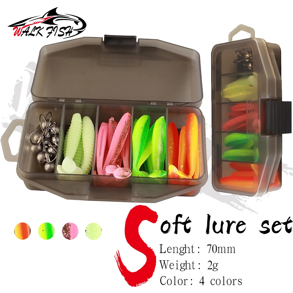 

Walk Fish 32Pcs/lot Fishing Tackle Box Soft Lure Kit Soft T Tail Fishing Lure 7cm 2g Jig Head Hook 3.5cm 5g Fishing Hooks Stream