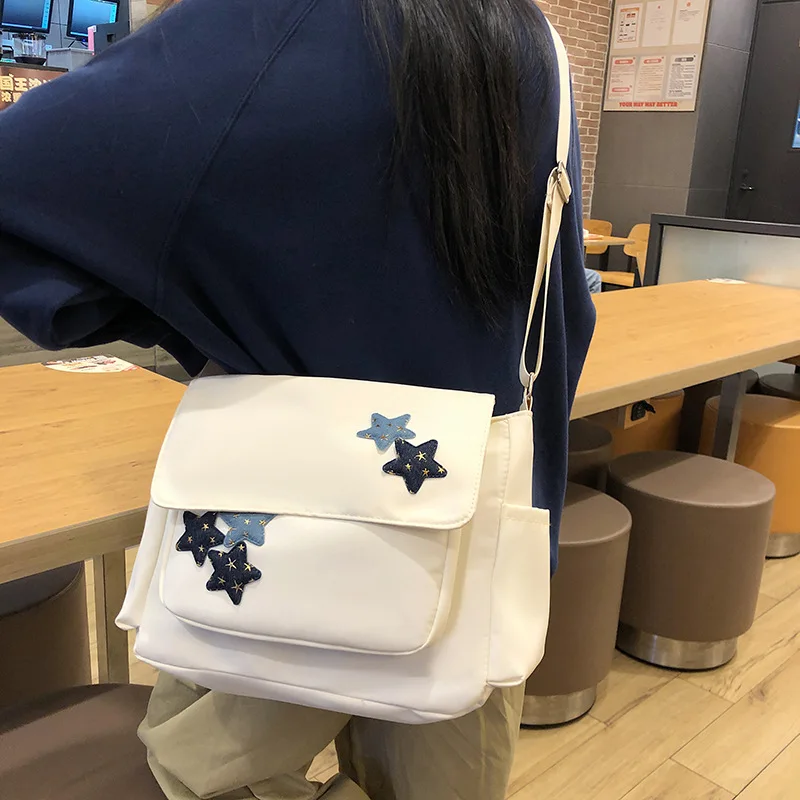 

Xiuya Harajuku Style Crossbody Bag for Women Solid Color Star Applique Large Capacity Handbag Simple Cute Student Shoulder Bag